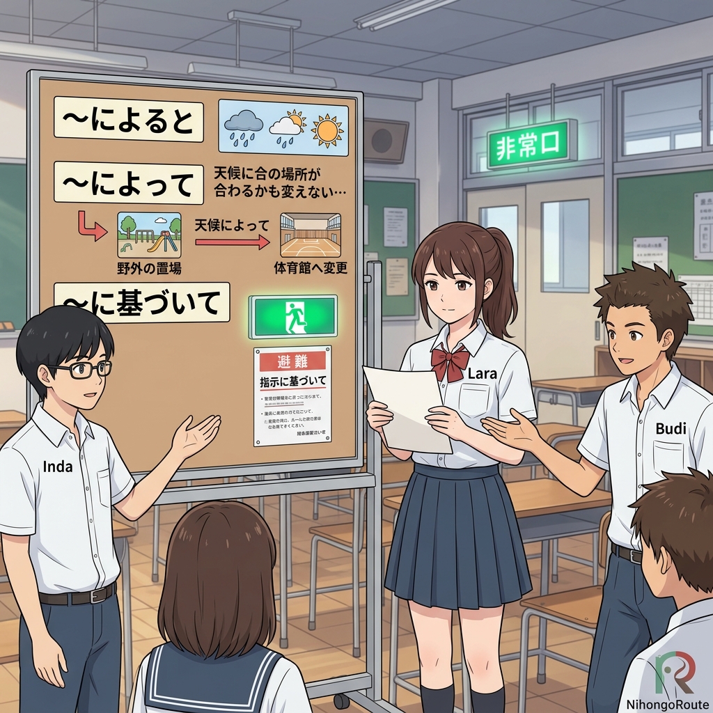 Bab 17: Topik: Menurut: ~によると, ~によって